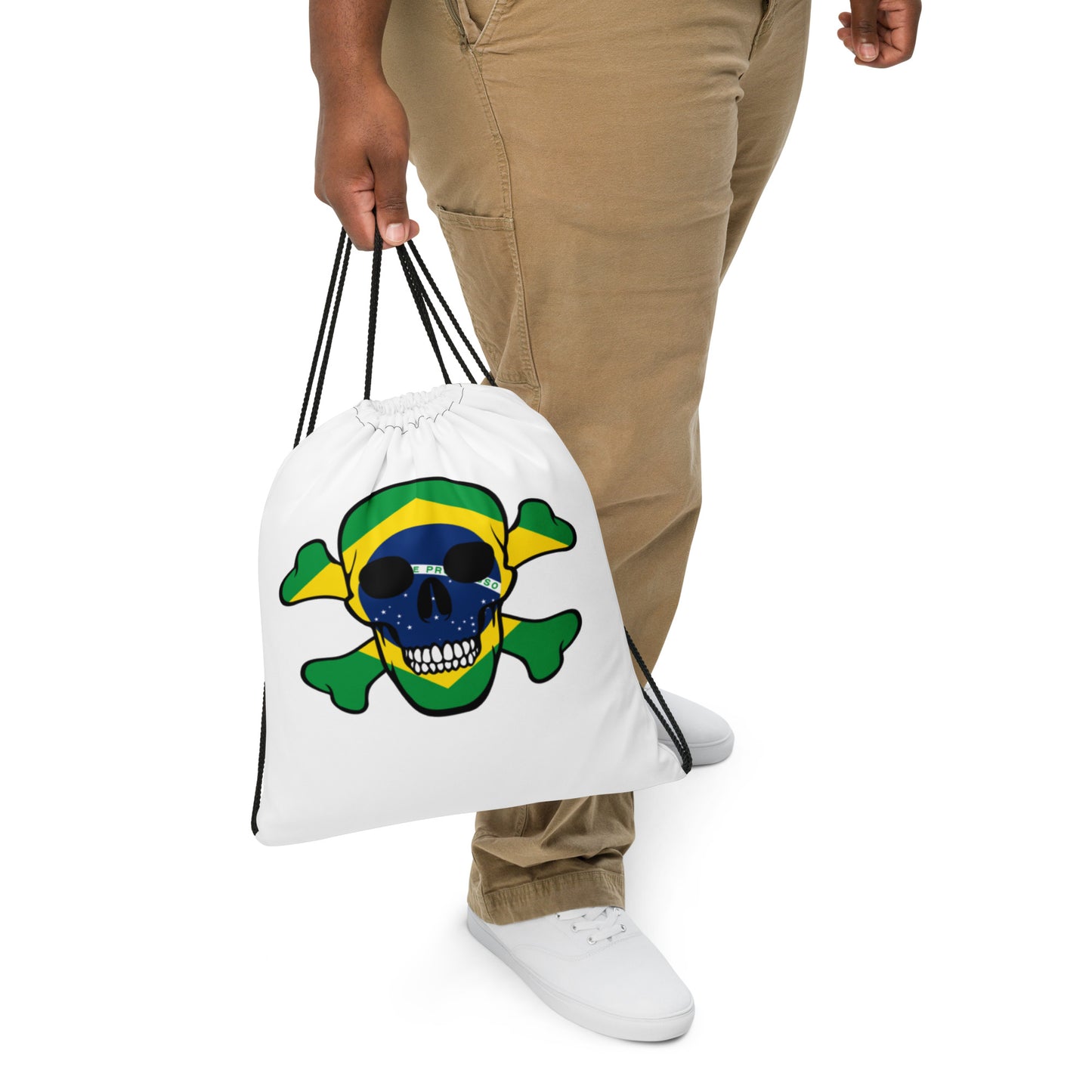Drawstring bag with the Flag of Brazil in a Skull and Crossbones design!