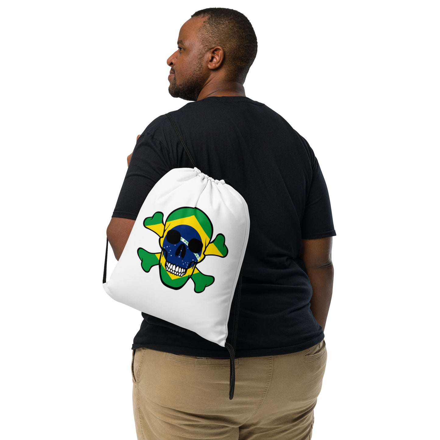 Drawstring bag with the Flag of Brazil in a Skull and Crossbones design!