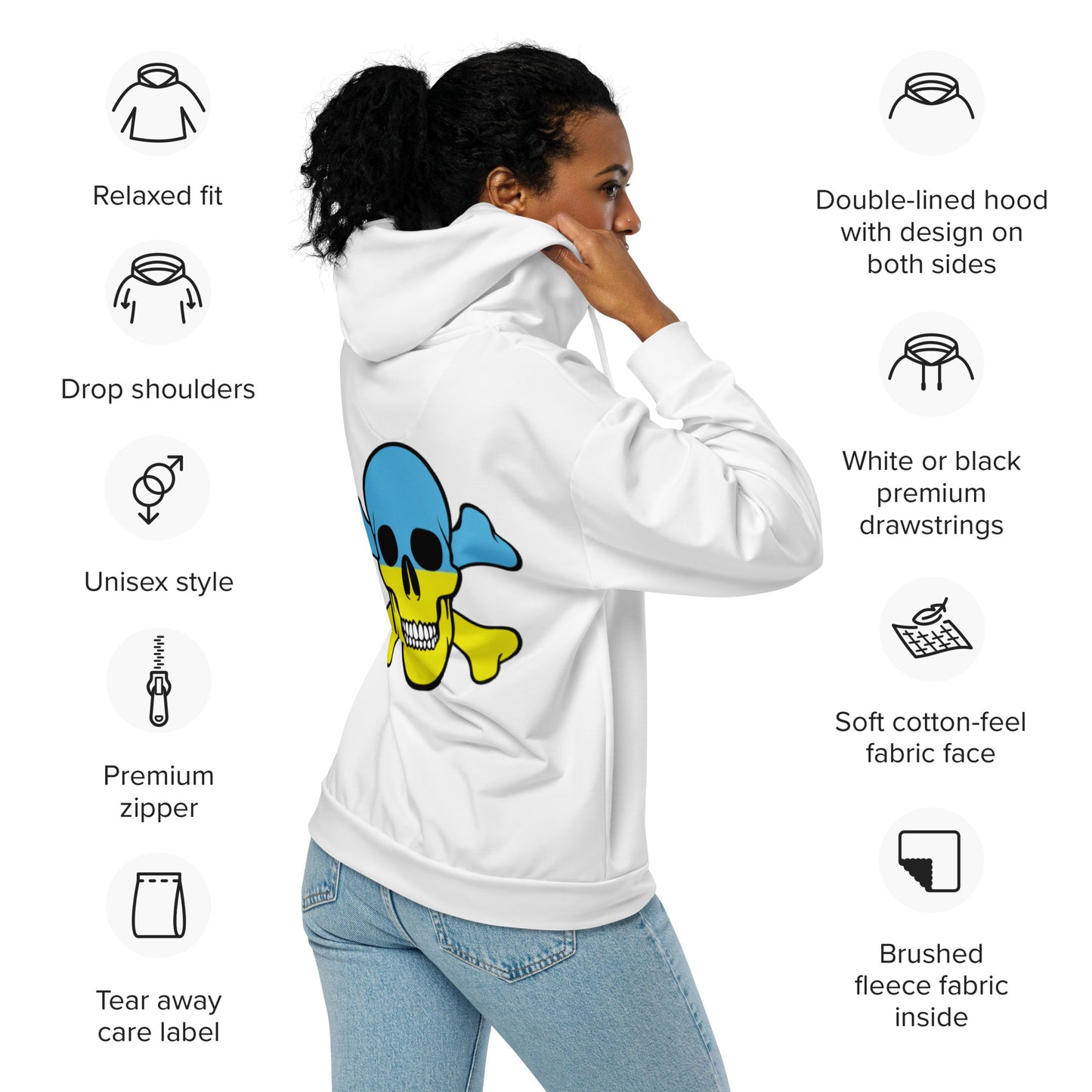 Unisex zip hoodie Ukraine Flag with Skull and Crossbones design!
