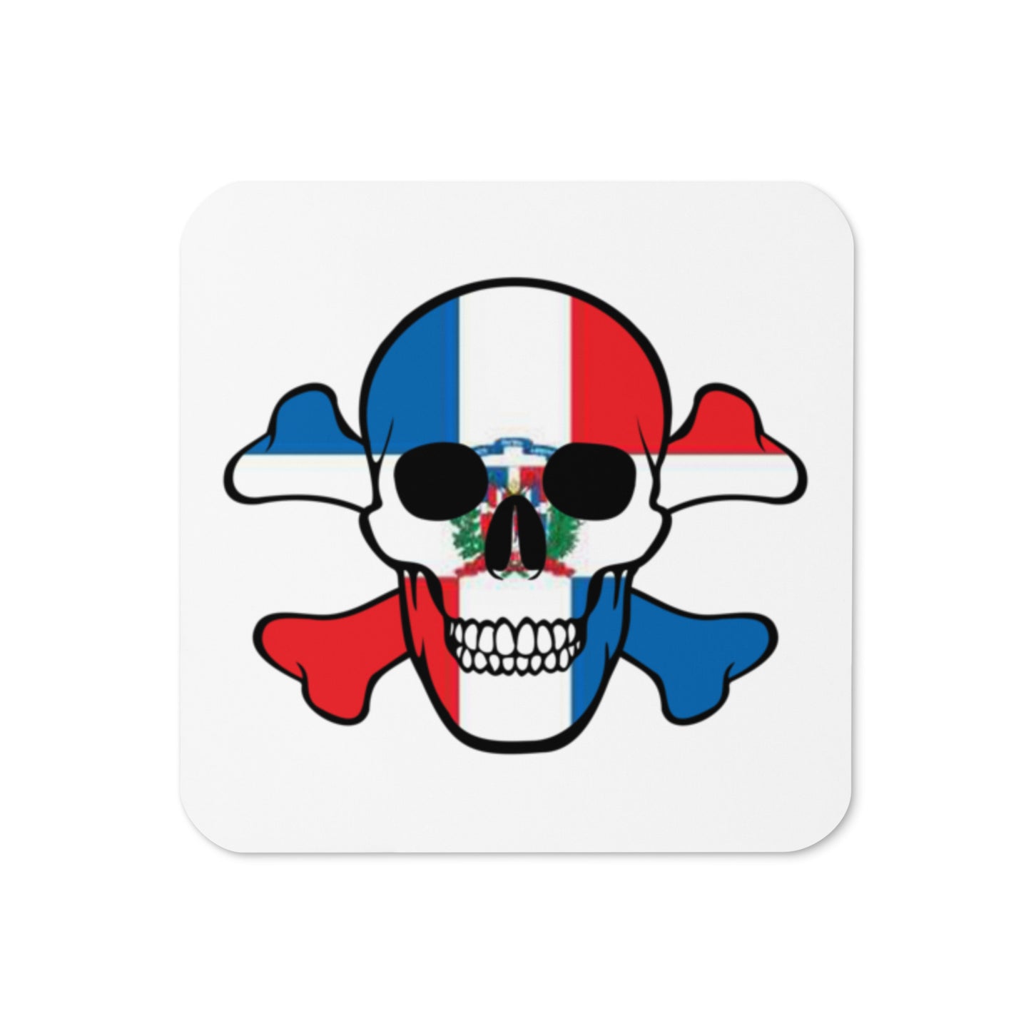 Cork-back coaster with the Flag of the Dominican Republic in a Skull and Crossbones design!
