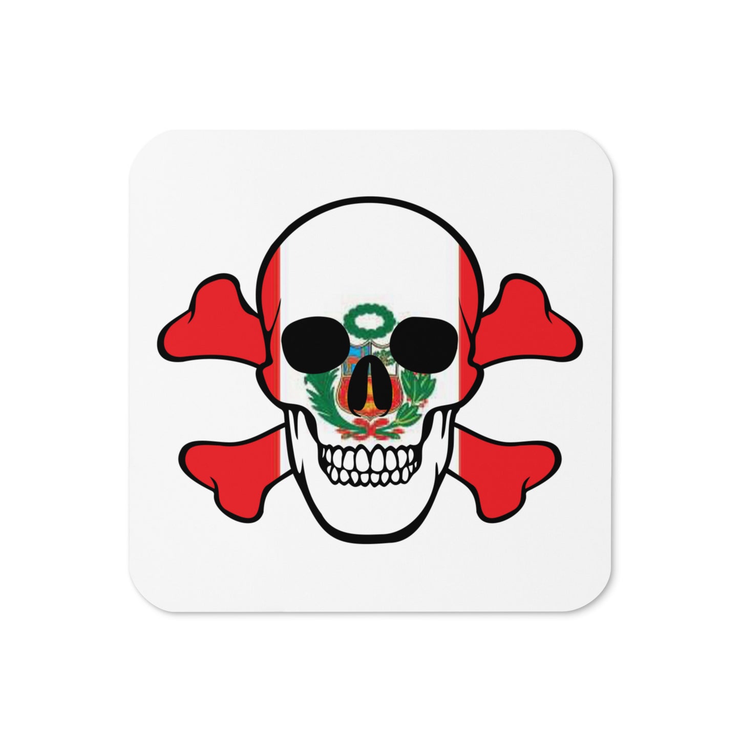Cork-back coaster with the Flag of Peru in a Skull and Crossbones design!