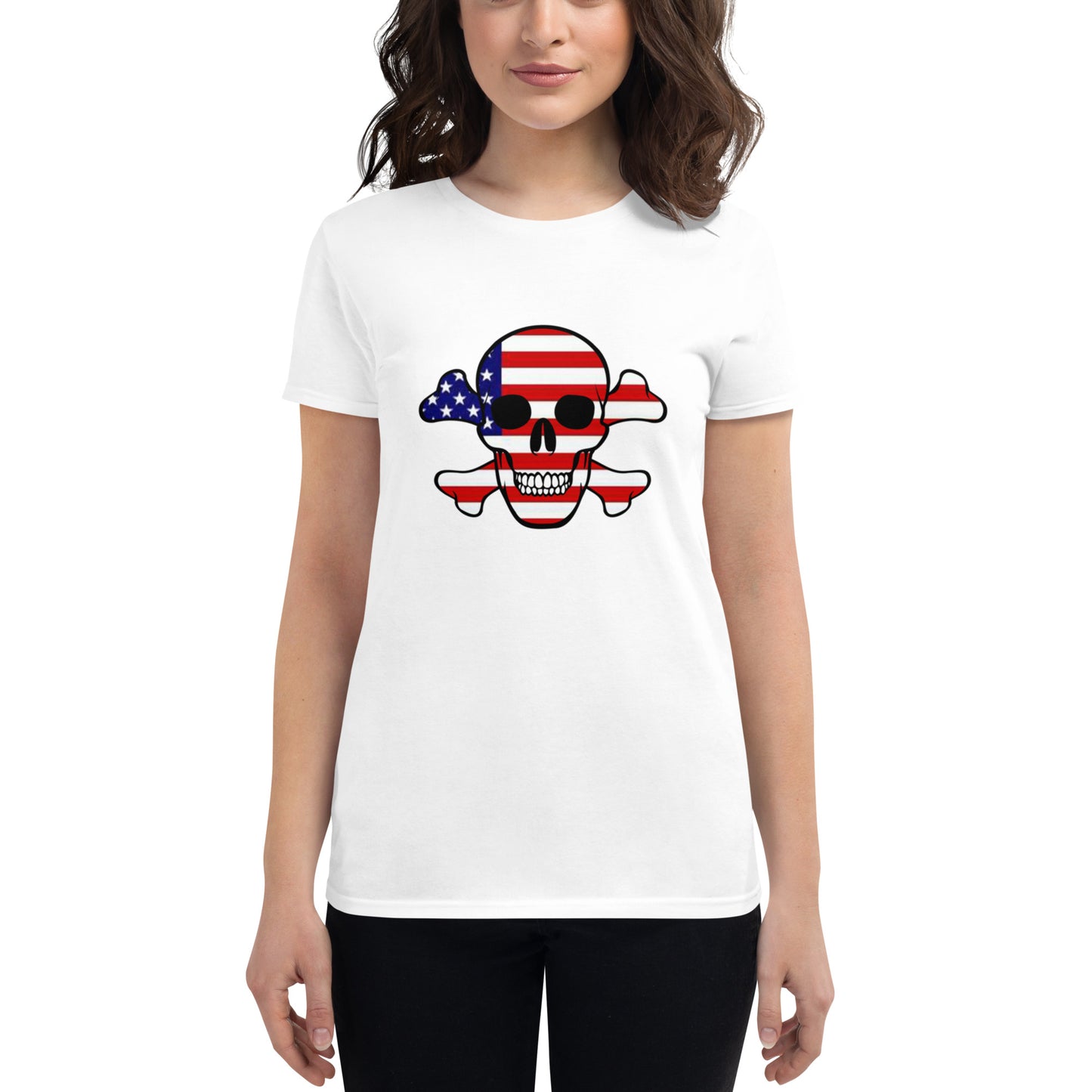 Women's short sleeve t-shirt United States Flag with Skull and Crossbones design!
