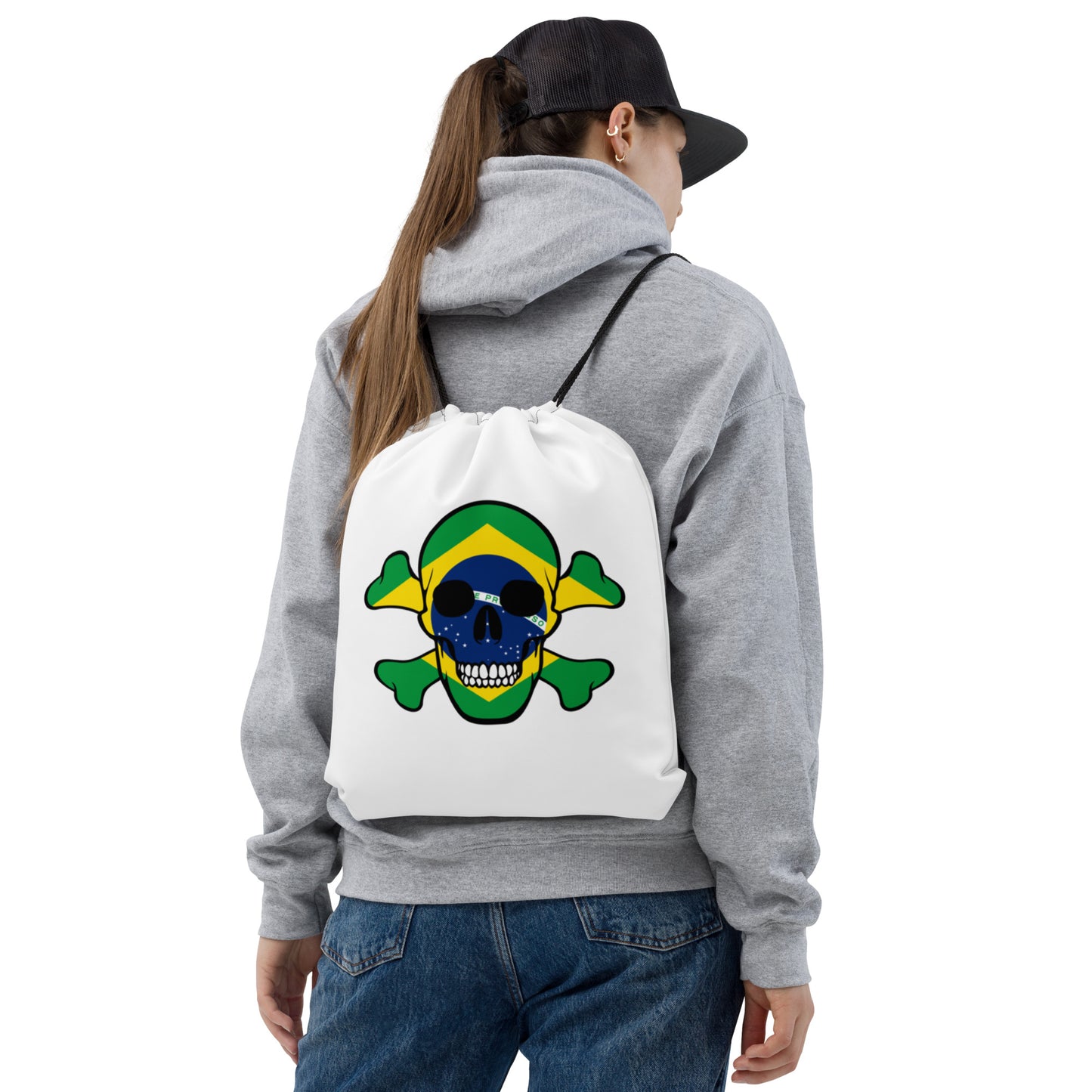 Drawstring bag with the Flag of Brazil in a Skull and Crossbones design!