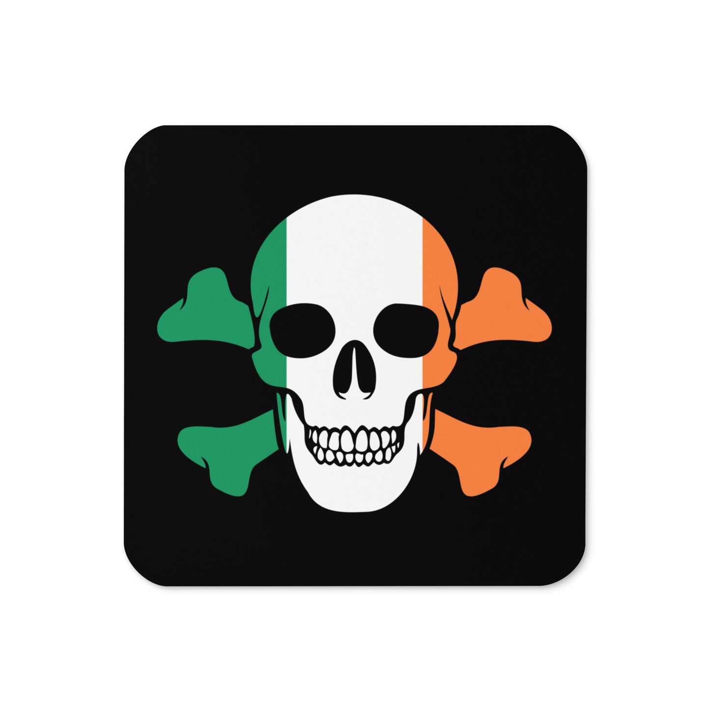 Cork-back coaster with the Flag of Ireland in a Skull and Crossbones design!