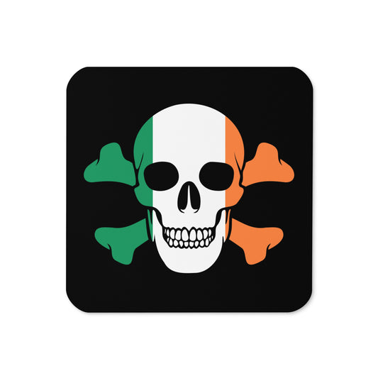 Cork-back coaster with the Flag of Ireland in a Skull and Crossbones design!